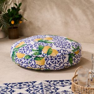 Indoor/Outdoor Round Lemon Print Filled Cushion - White/Blue