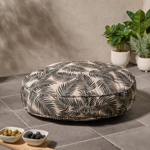 Indoor/Outdoor Round Palm Leaf Print Filled Cushion - Monochrome