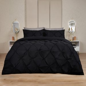 Diamond Pintuck Pinch Pleat Duvet Cover Set - Black