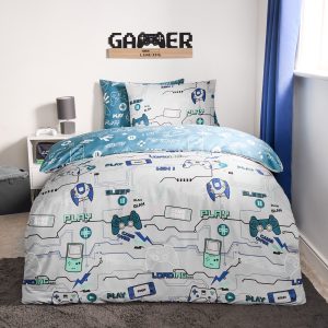 Kids Gaming Console Print Reversible Duvet Cover Set - Grey/Blue