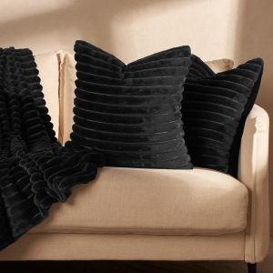 Faux Fur Thick Ribbed Cushion Covers - Black