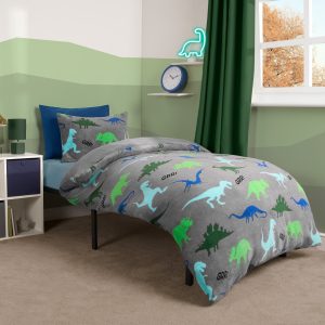 Dino Print Fleece Duvet Set - Grey