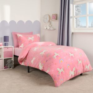 Unicorn Print Fleece Duvet Set - Pink