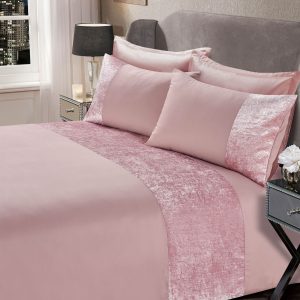 Crushed Velvet Band Duvet Set - Blush Pink